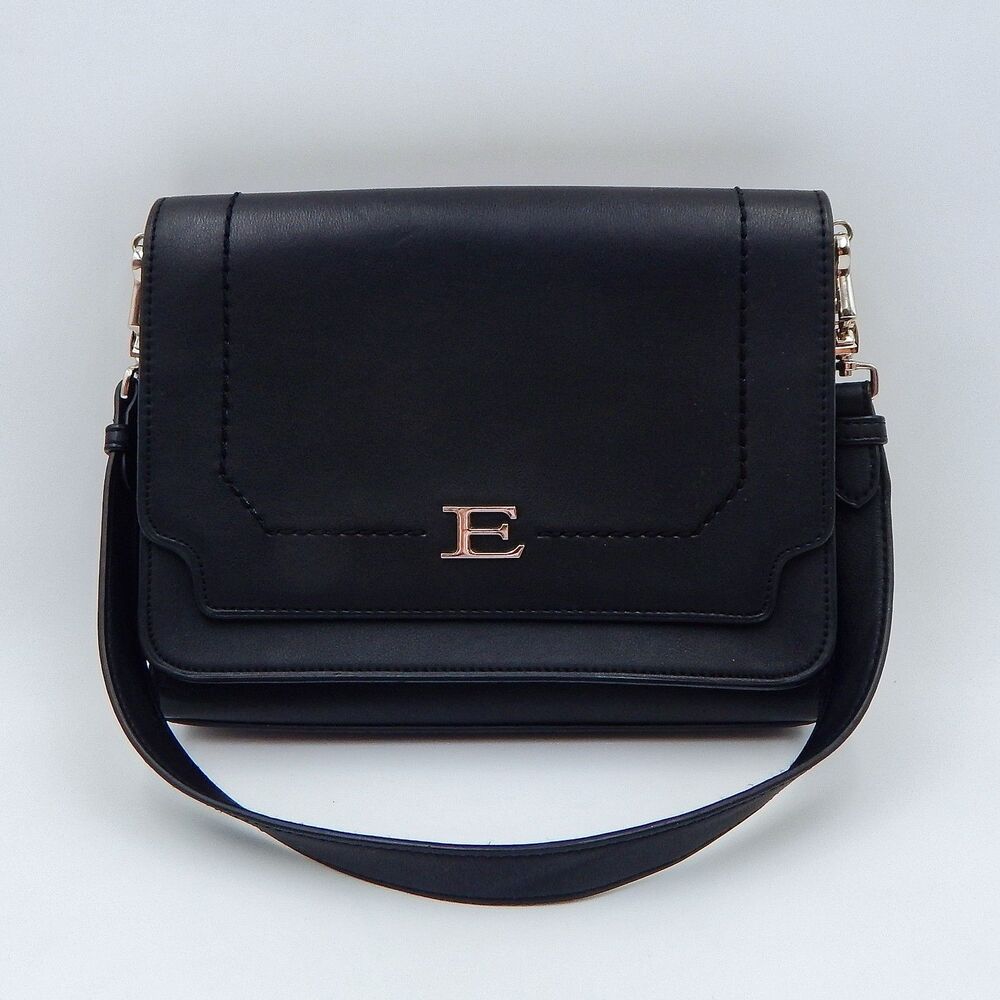 Ermanno Scervino Structured Black Leather Purse Shoulder Bag Flap Magnetic